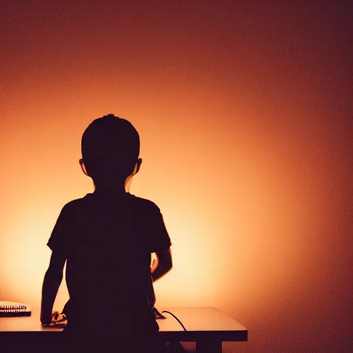 Image similar to angry child looking at monitor typing on keyboard photo dramatic lighting from behind