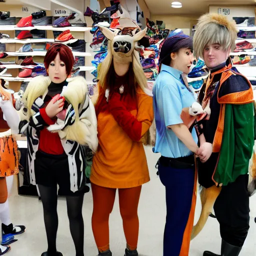 Image similar to a photograph of people badly cosplaying as animals, they have a disappointed look on their face, they are in a shoe store with long store isles, 50mm