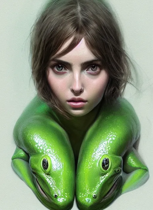 Image similar to hyper realistic portrait of my ethereal waifu cute innocent green slimy alien female froggy lady, played by ana de armas, with adorable uwu eyes painted by greg rutkowski, wlop, 7 0 s scifi