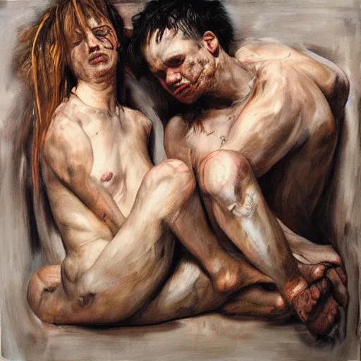 Image similar to lovers by jenny saville. dark atmosphere