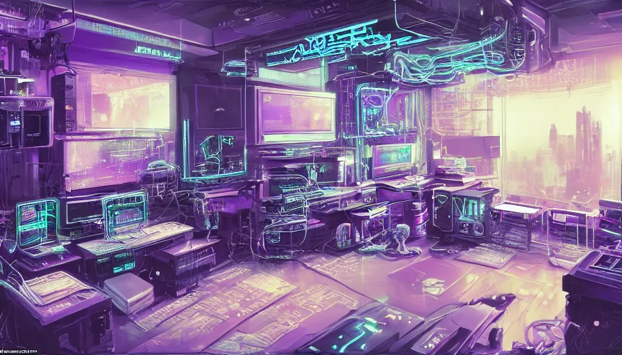Image similar to A highly detailed rendering of a Cyberpunk hackers bedroom which has sophisticated hi-tech computers and hologram wall boards surrounded by messy cables, soft neon purple lighting, reflective surfaces, sci-fi concept art, by Syd Mead and H.R.Giger, highly detailed, oil on canvas