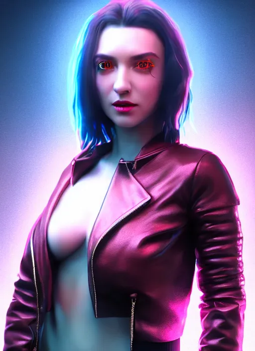 Image similar to pretty young woman with shoulder length shiny shimmering dark red hair and wearing a stuffed leather jacket with the glow of neon lights illuminating her, path traced, highly detailed, high quality, digital painting, by cd projekt red, cyberpunk,