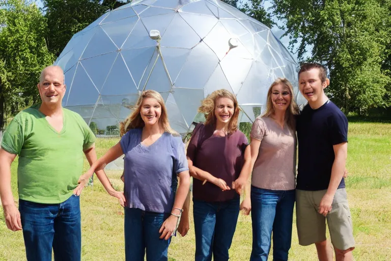 Image similar to a family stand on front of a dome weather station