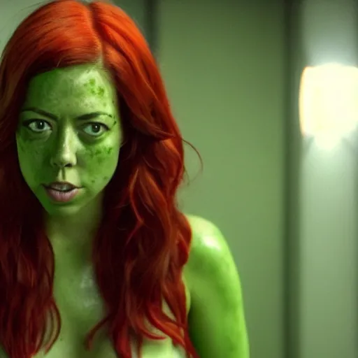 Prompt: film still of !!Aubrey Plaza!! as Poison Ivy, !!lizard skin!!, !!!green skin!!!, 4k