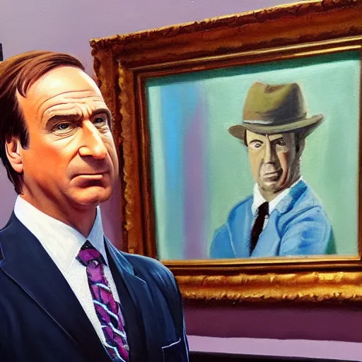 Prompt: an oil painting of saul goodman dressed as a businessman, pastel, art masterpiece, museum, on display