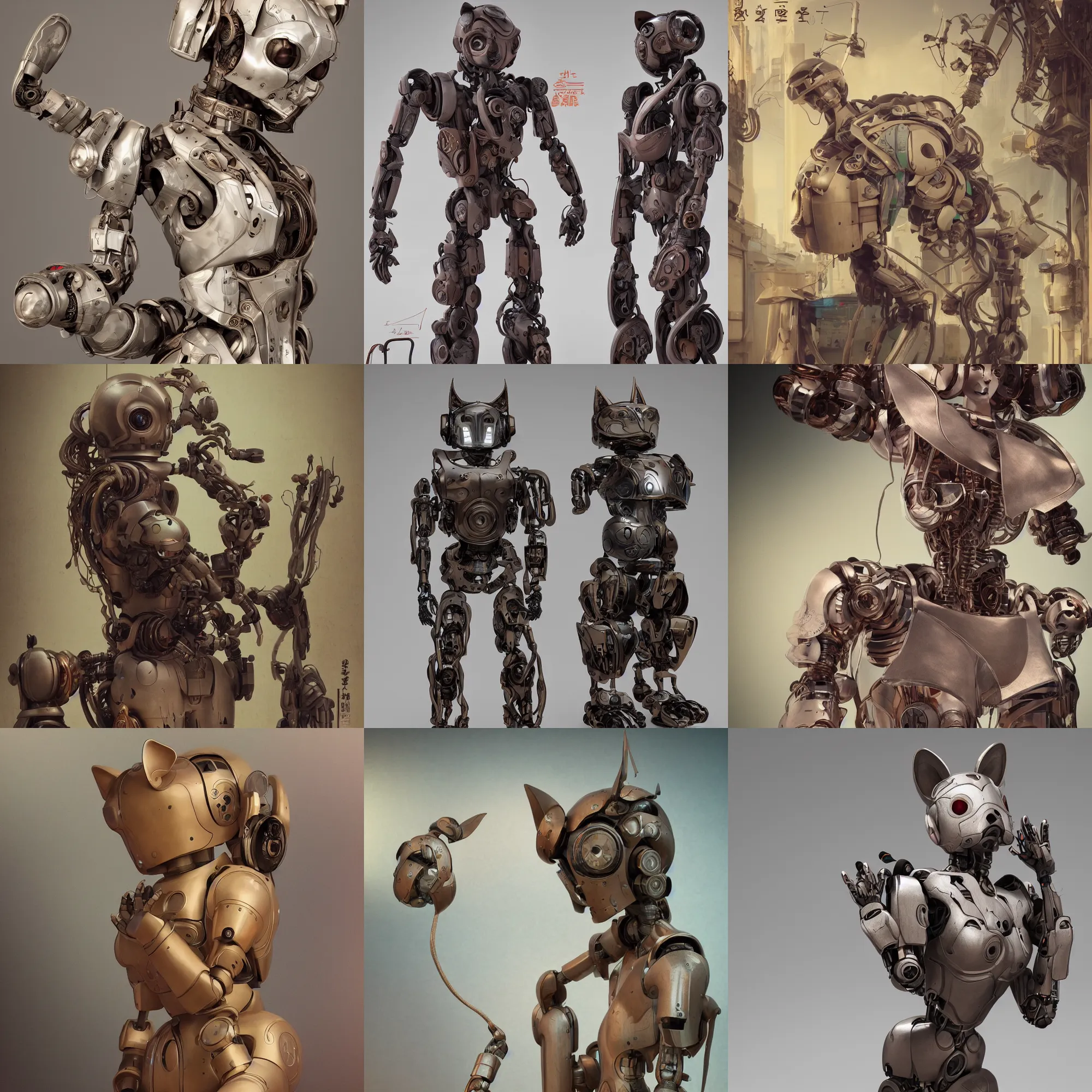 Prompt: 3d,8k octane rendre photorealistic detailed unreal engine ,a wooden sculpture art toys on feet very cute robot with cat ears ,zen méditation , a contemporary art gallery art , cyberpunk, synthwave ,cgsociety ,by Alphonse Mucha