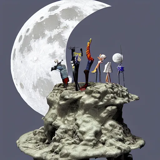 Image similar to full moon, figurines, travel, tilt shift, style of 3 d daz, occlusion, white clay, style of dave mckean, style of shuzo oshimi, style of will eisner, full of color, on white, smooth, thin sharp lines, detailed, octane render