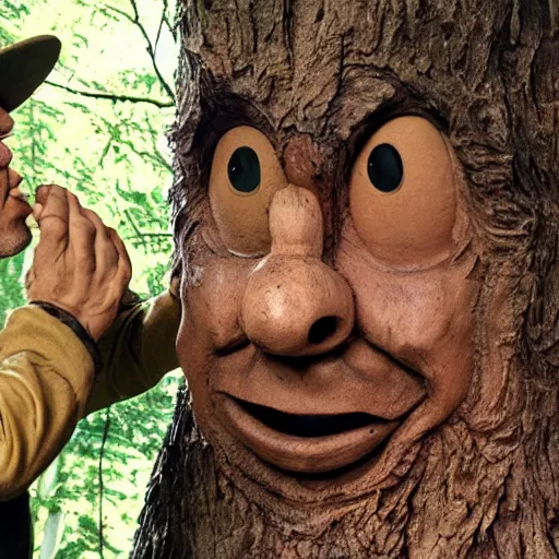 Prompt: the legend of Big Sir monster talking to a tree stump that has the face of Gilbert gottfried, film still