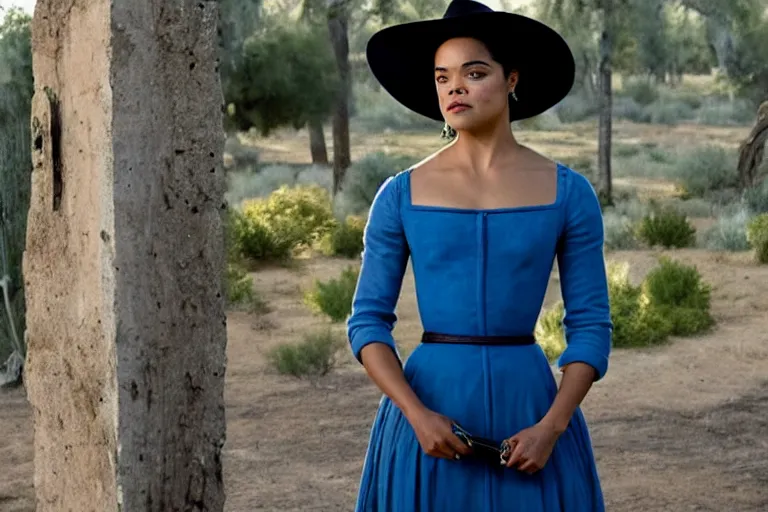 Image similar to portrait of tessa thompson wearing a blue dress on an old west plantation in westworld