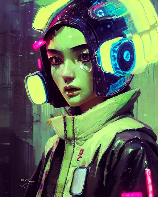 Image similar to detailed portrait Neon Operator Girl, cyberpunk futuristic neon, reflective puffy coat, decorated with traditional Japanese ornaments by Ismail inceoglu dragan bibin hans thoma greg rutkowski Alexandros Pyromallis Nekro Rene Maritte Illustrated, Perfect face, fine details, realistic shaded, fine-face, pretty face