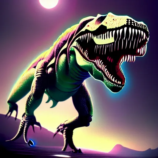 Image similar to a t-rex fused with an alien in an untamed planet:: sci-fi art:: digital art:: illustration:: trending on artstation