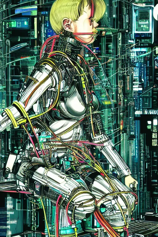 Image similar to an hyper-detailed cyberpunk illustration of a female android seated on the floor in a tech labor, seen from the side with her body open showing cables and wires coming out, by masamune shirow, and katsuhiro otomo, japan, 1980s, centered, colorful