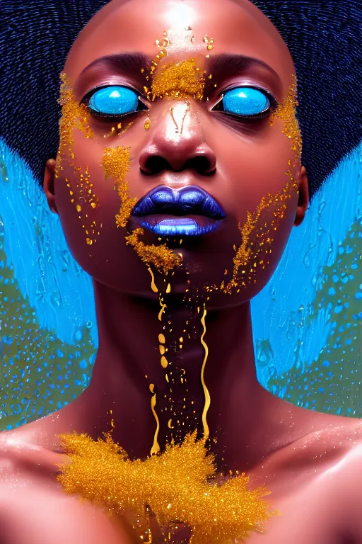 Prompt: hyperrealistic precisionist cinematic profile very expressive! black oshun goddess, in water! up to shoulders, mirror dripping droplet!, gold flowers, highly detailed face, digital art masterpiece, smooth eric zener cam de leon, dramatic pearlescent turquoise light on one side, low angle uhd 8 k, shallow depth of field, cyanotype