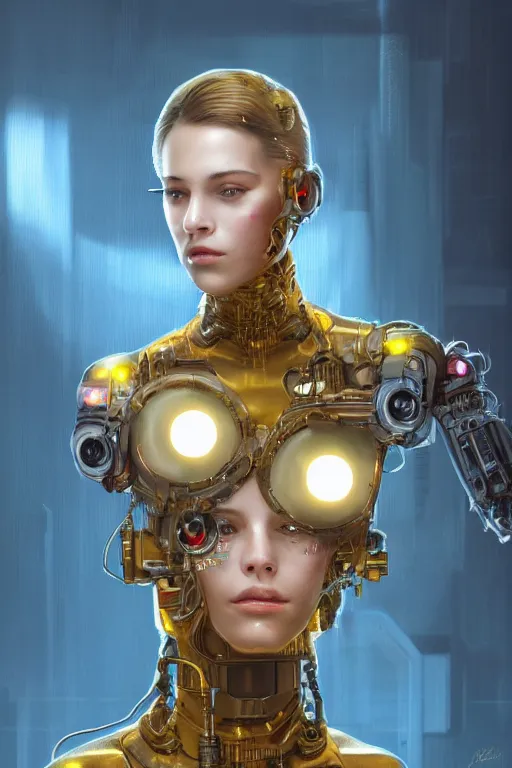 Image similar to Kodak Portra 400, 8K, soft light, volumetric lighting, highly detailed, britt marling style 3/4 ,portrait photo of a beautiful cyborg woman with gold , cyberpunk,sci-fi, fantasy, intricate, elegant, highly detailed, digital painting, artstation, concept art, smooth, sharp focus, illustration, art by artgerm and greg rutkowski and alphonse mucha