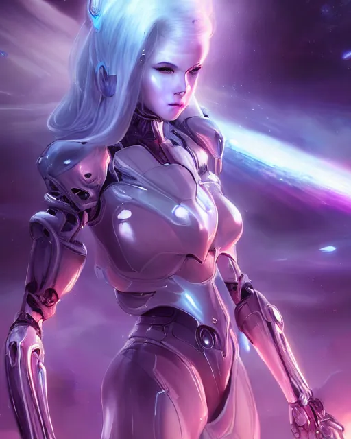 Image similar to perfect android girl on a mothership, warframe armor, beautiful face, scifi, futuristic, galaxy, nebula, raytracing, dreamy, long white hair, blue cyborg eyes, sharp focus, cinematic lighting, highly detailed, artstation, divine, by gauthier leblanc, kazuya takahashi, huifeng huang