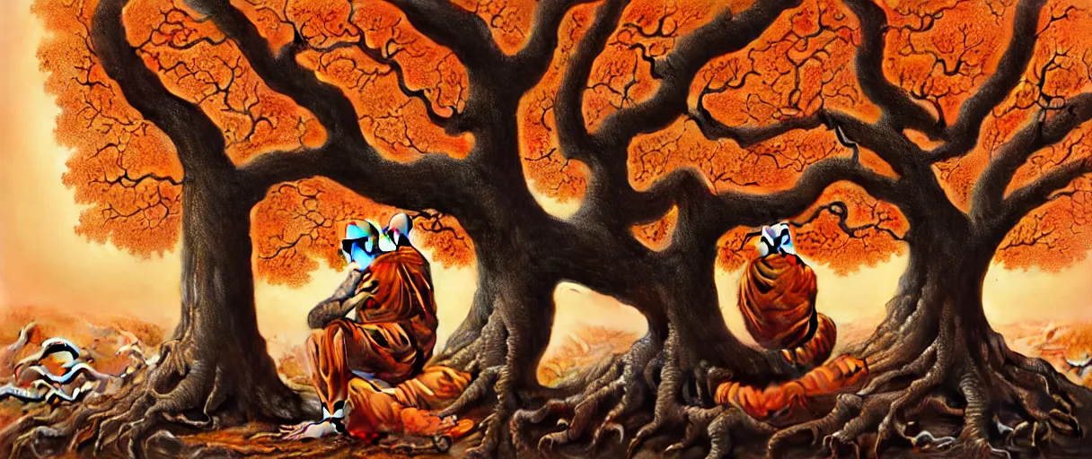 Image similar to hyperrealistic hyper detailed baroque 35mm portrait of cyborg monk praying to a giant oak tree matte painting concept art dali hannah yata very dramatic orange lighting low angle hd 8k sharp shallow depth of field