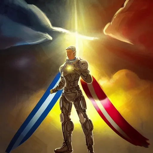 Prompt: a full body shot from distance of a super soldier with a Ukrainian yellow and blue flag standing in the beam of light from the clouds in a triumph after battle, western, masculine figure, D&D, fantasy, intricate, elegant, highly detailed, digital painting, artstation, concept art, matte, sharp focus, symmetrical, illustration, art by Artgerm and Greg Rutkowski and Alphonse Mucha