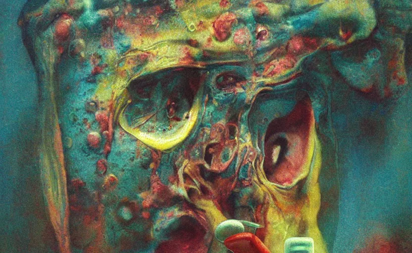 Prompt: pills, blurred, dystopian art, grotesque, apocalypse art, doomed, neural acrylic paint, high resolution, gouache on canvas, ultra detailed, vibrant colors, grotesque, wrapped thermal background, slimey, art by francis bacon, beksinski painting