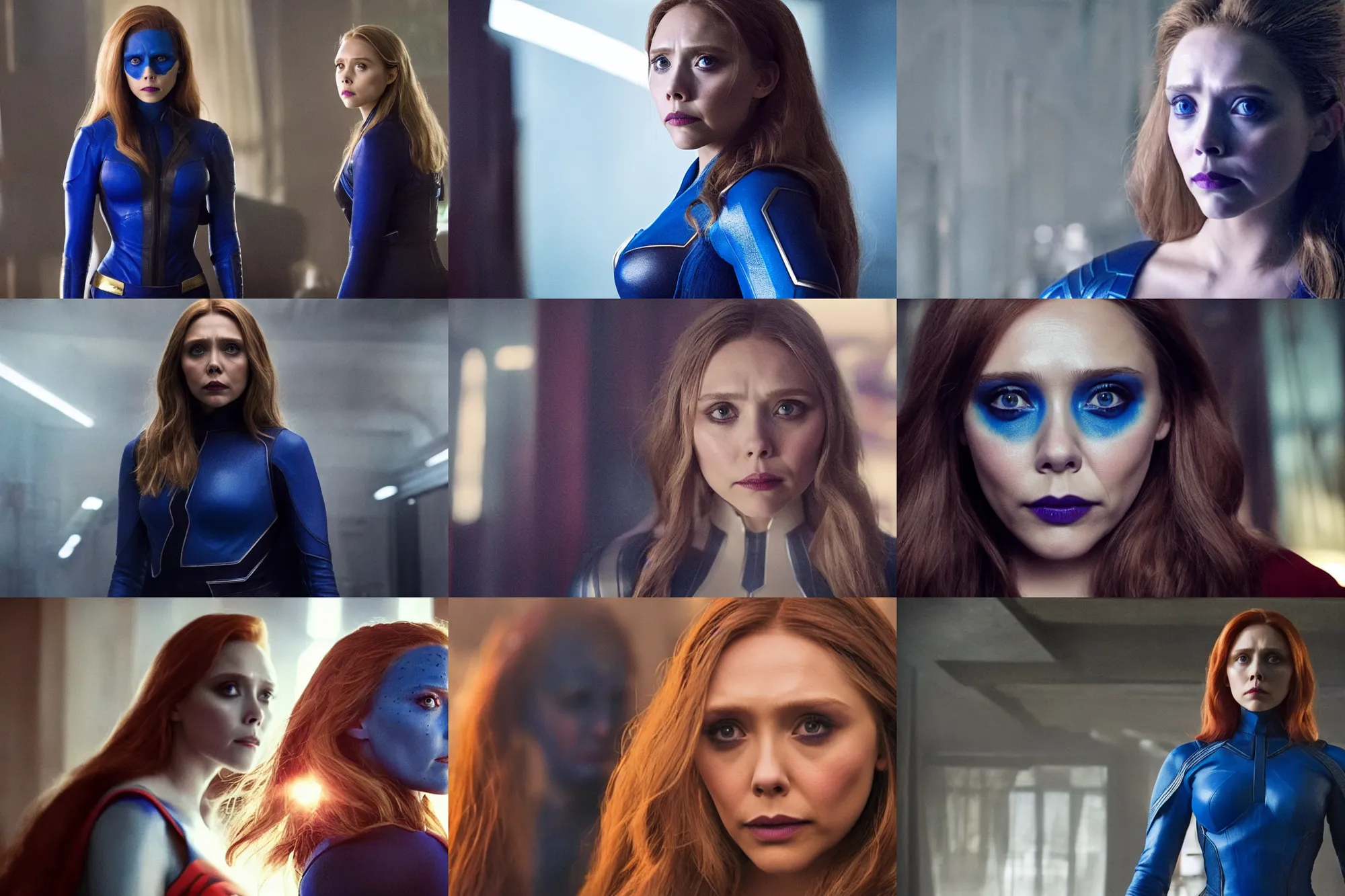 Prompt: elizabeth olsen as mystique, movie directed by joss whedon, movie still frame, promotional image, critically acclaimed, top 6 best movie ever imdb list, symmetrical shot, idiosyncratic, relentlessly detailed, cinematic colour palette