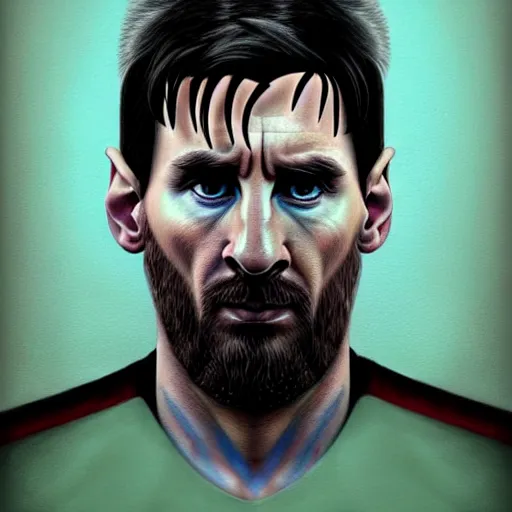 Image similar to lionel messi looking angry, d & d, fantasy, intricate, elegant, highly detailed, digital painting, artstation, concept art, matte, sharp focus, illustration, art by gertrude abercrombie