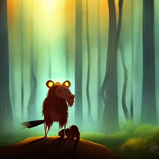 Image similar to medium shot native american with animal companion, in a dark forest, mysterious, backlit, still from a pixar dreamworks movie, trending on artstation