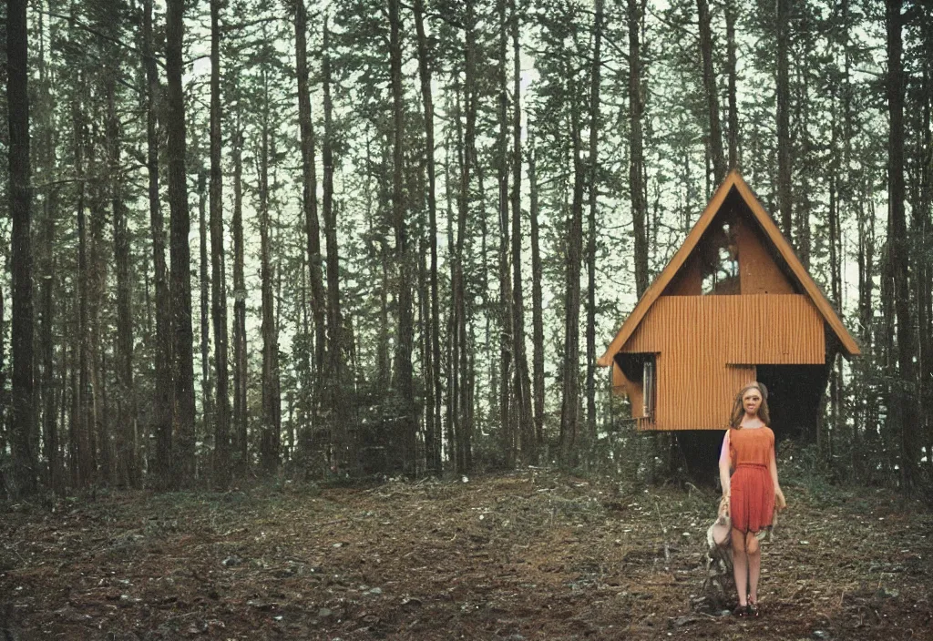 Image similar to lomo photo of a brunette girl standing i front of a modern forest cabin, cinestill, bokeh, out of focus