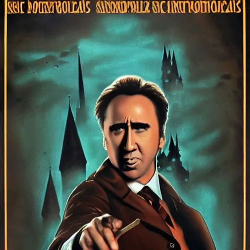 Prompt: a film poster of nicolas cage in harry potter, photorealism, film grain,