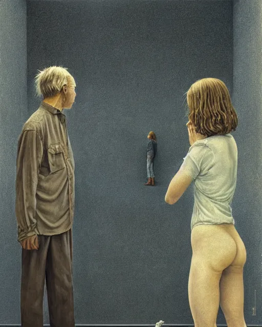 Image similar to man and woman, in the void, by the mirror, station, james gillard, zdislav bexinski, high detail alex colville, otto mueller, stephen conroy, andrea kowch, andrew newell wyeth, daniel meidman jussi picho octane rendering