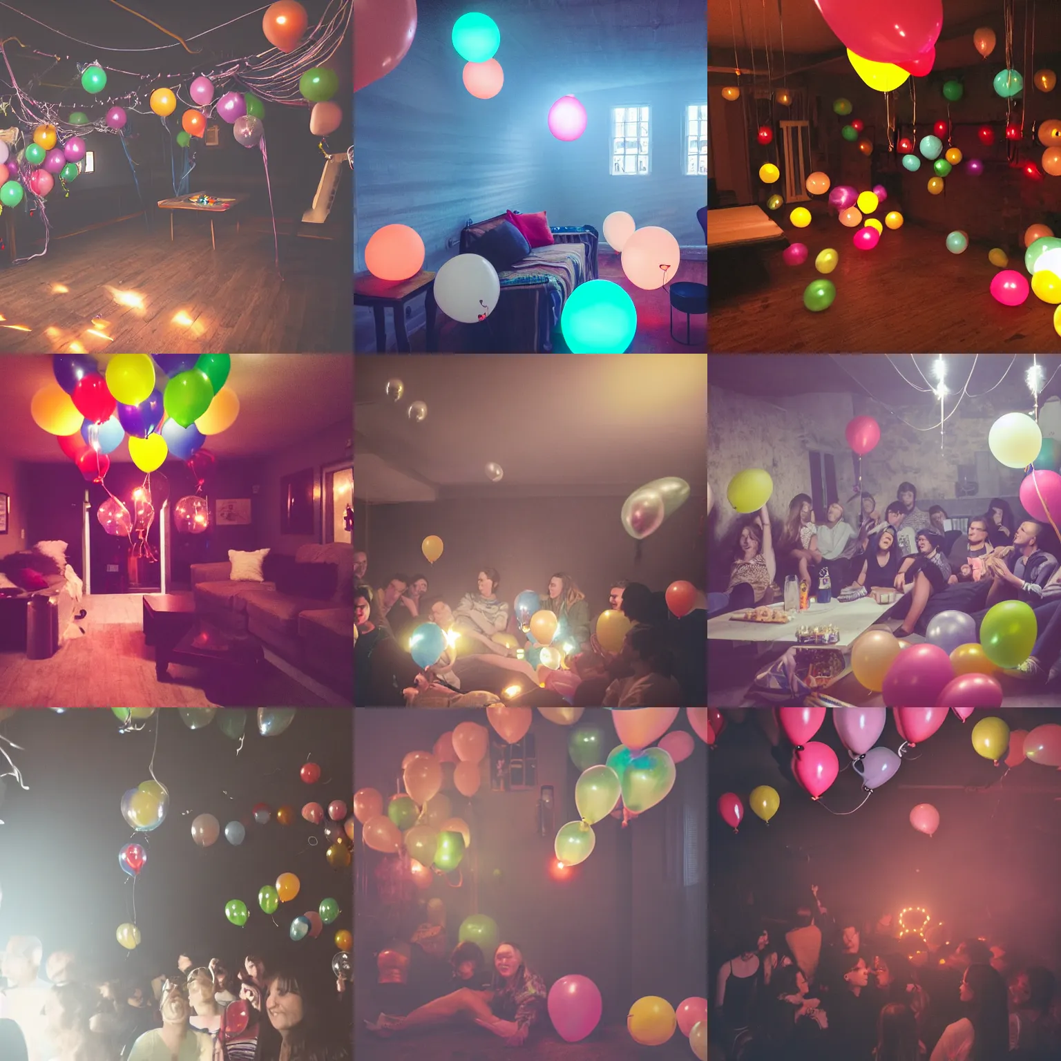 Prompt: hazy basement party with baloons everywhere colroed lights and smokey atmosphere
