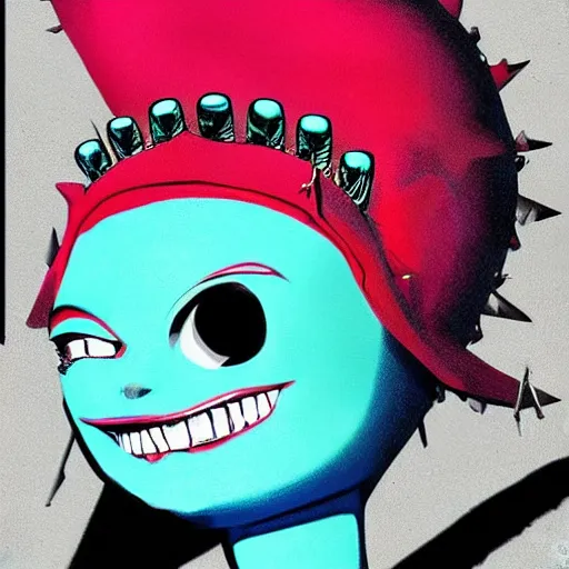 Image similar to a Turquoise punk rock rapper alien with black spiked hair, an airbrush painting by Jamie Hewlett, cgsociety, symbolism, antichrist, aesthetic, 8k