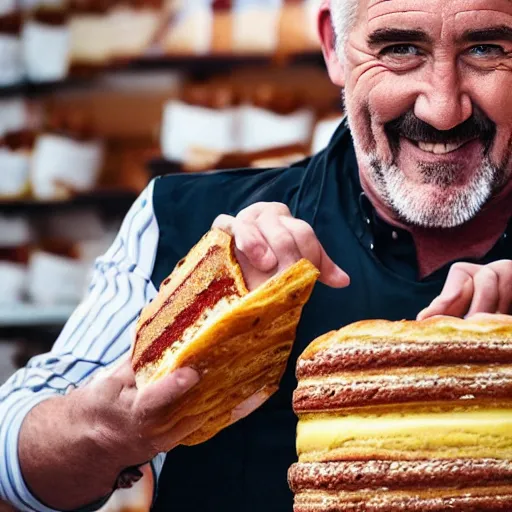 Prompt: a close up photo of Paul Hollywood stealing a pack of 6 cakes, french bakery, wearing a stereotypical striped robber outfit, smiling expression, running towards the camera, photorealistic, clear lighting, anatomically correct, detailed, 4k