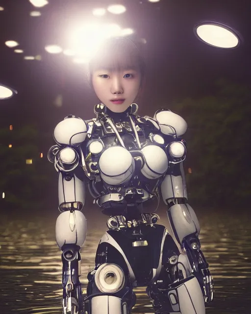 Prompt: beautiful centered photo of korean girl as a solarpunk mecha with white mechanical parts and implanted bright halogen lamps, treading above calm water by bill henson, ultra - realistic and detailed, white background, bokeh, soft focus, slow exposure hdr 8 k