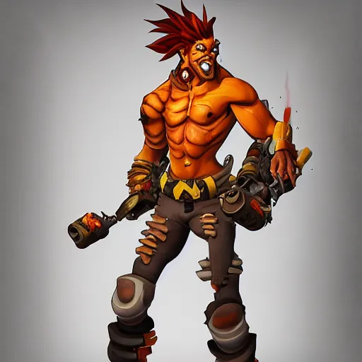 Prompt: Joacquin Phoenix as Junkrat from Overwatch, full body shot, photorealistic, portrait