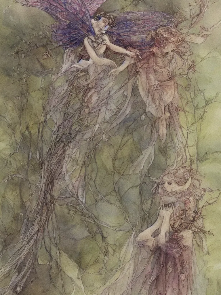 Image similar to study of a flower fairy, illustration, watercolor, alan lee, detailed, pretty, ethereal,