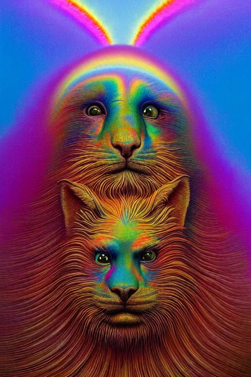 Prompt: hyperrealistic close-up baroque psychedelic!! god happy fluffy kind creature!! peaceful kind spirit of nature highly detailed concept art eric zener elson peter cinematic hard rainbow lighting high angle hd 8k sharp shallow depth of field, inspired by Zdzisław Beksiński