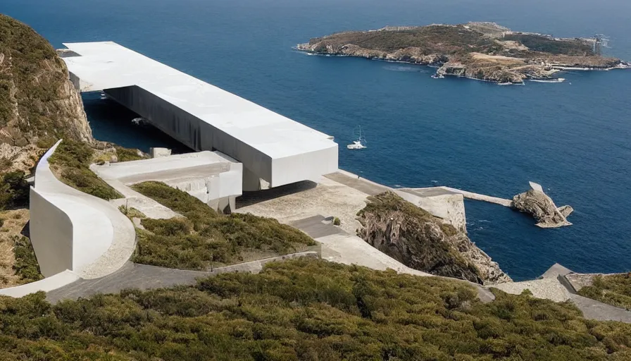 Image similar to big military base perched on a cliff overlooking a magnificient bay, laboratory, drawing architecture, science fiction, pritzker architecture prize, greig fraser