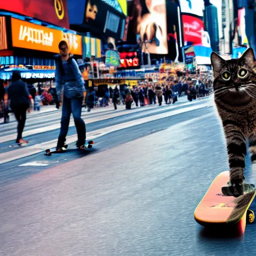 Image similar to A cat riding a skateboard in Times Square, New York City, 4k wallpaper, digital art, trending on artstation