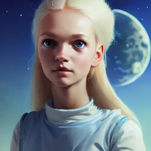 Prompt: Incredibly cute nordic girl on the Moon, blonde hair, blue eyes by Nuri iyem, James gurney, James Jean, Greg Rutkowski, highly detailed, trending on artstation, artstationHD, artstationHQ, 4k, 8k