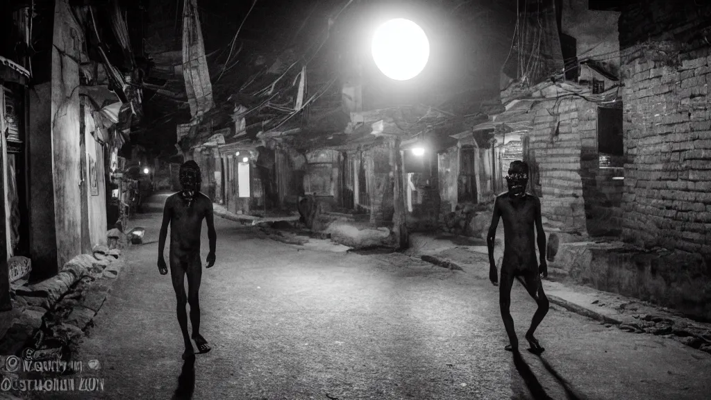 Image similar to khyah nepali demon roaming the streets of kathmandu at night, moonlight, scary looking