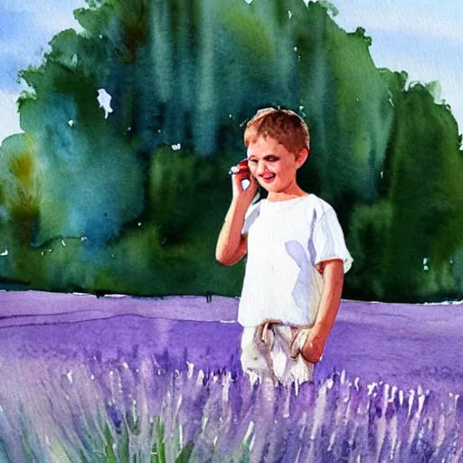 Prompt: a young boy walking in a field of lavender, talking on the phone and smiling, watercolour painting, french style,