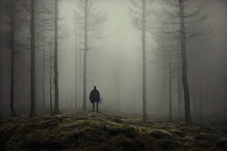 Prompt: a scary dark shadowlike man staring at you in a swedish forest, very low angle photograph, very detailed, trending on artstation, realistic, soft colors, illustration by john bauer, simon stålenhag, horror, creepy