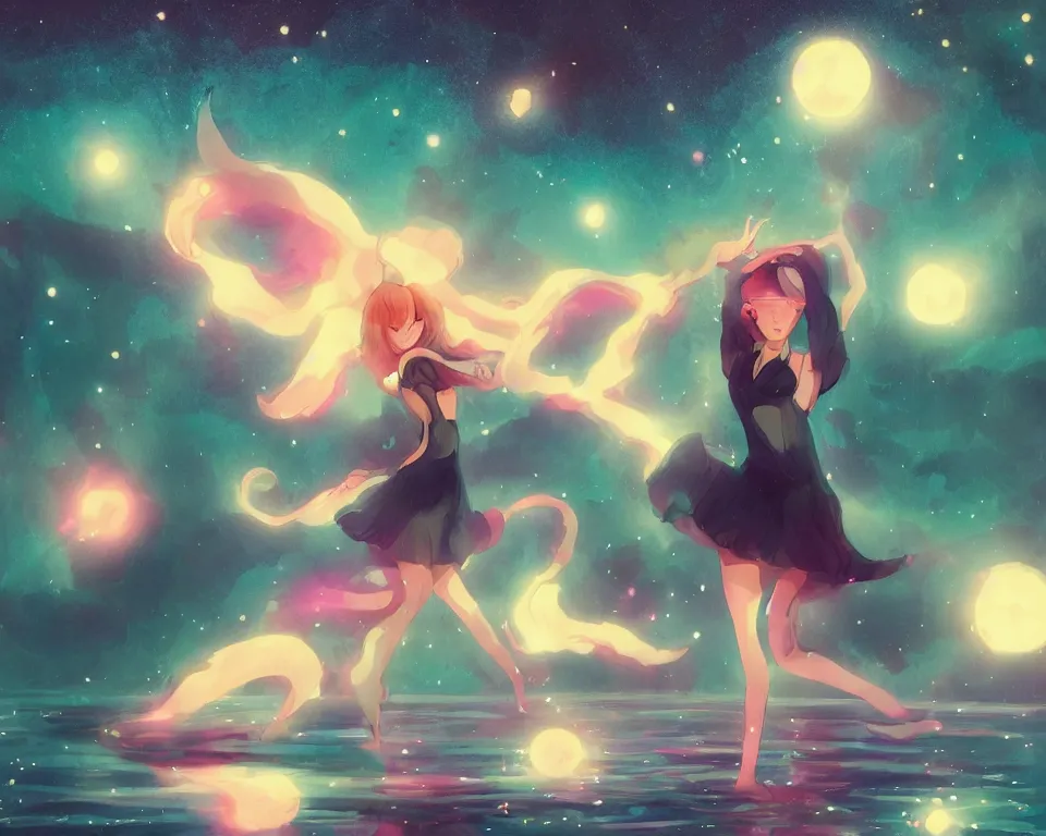 Prompt: beautiful whimsical cat girl standing in a lake under the stars, under a multi-colored binary blackhole with an accretion disc, casting magic, glowing trails following her arms, wearing professional makeup, anime, by Lois van Baarle, by Greg Rutkowski, by artgerm, by beeple, by studio ghibli, cinematic angle, volumetric lighting, 4k resolution, octane render, trending on artstation, masterpiece