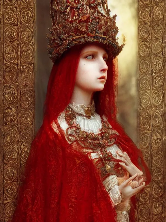 Prompt: a beautiful render of a catholic veiled red queen with symmetry intricate detailed ,pray,by Andrei Riabovitchev,Enchanted doll,Lawrence Alma-Tadema,aaron horkey,Billelis,trending on pinterest,hyperreal,feminine,golden ratio,cinematic lighting