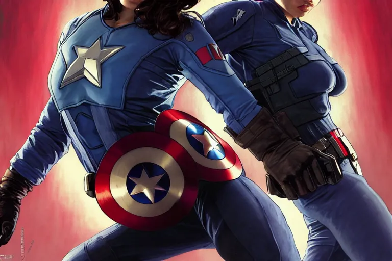 Image similar to gta captain america as aeon flux profile picture by greg rutkowski, dynamic pose, flat matte painting, intricate, futuristic, fantasy, elegant, by stanley artgerm lau, greg rutkowski, thomas kindkade, alphonse mucha, loish, norman rockwell, fantasy lut, asymmetric, long hair, retro computer graphics, video game, fluid lines,