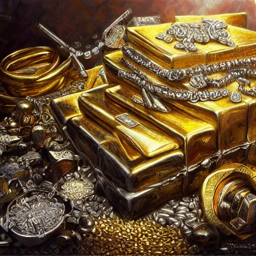 Image similar to a pile of shiny gold and silver treasure, fantasy art, trending on art station, highly detailed, hyper realism, art,