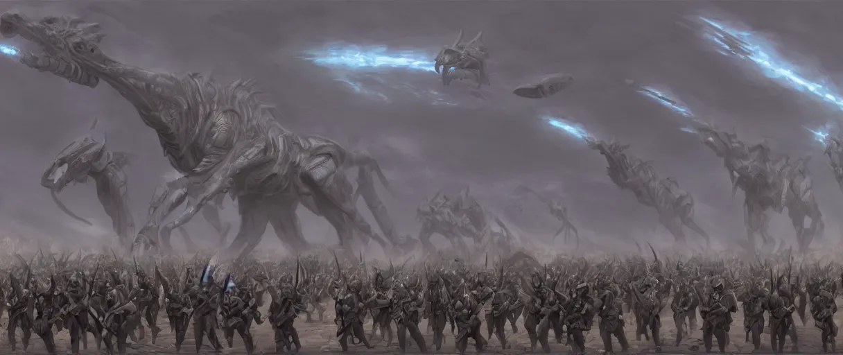 Image similar to digital painting concept art of a xenomoprh army, high detailed, volumetric lighting, style of Ralph McQuarrie, matte painting, photoshop