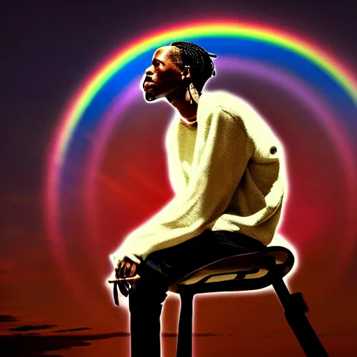 Prompt: Travis Scott sitting on a chair floating over Earth, 4k, Aubrey Powell, vintage photo, lens flare, beautiful cinematography, rainbow, surreal, film grain