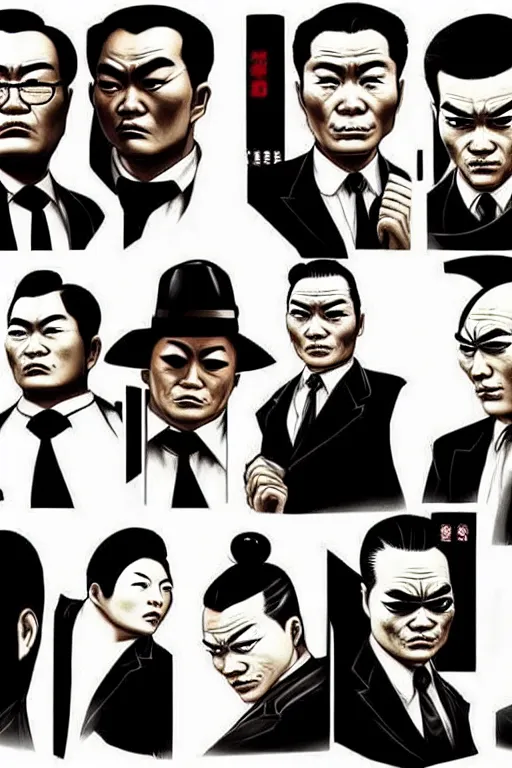 Image similar to chinnese mafia, with black suit, some of them have myth china tatto. digital art, concept art, pop art, bioshock art style, accurate, detailed, gta chinatown art style, dynamic, face features, body features, ultra realistic, smooth, sharp focus, art by richard hamilton and mimmo rottela