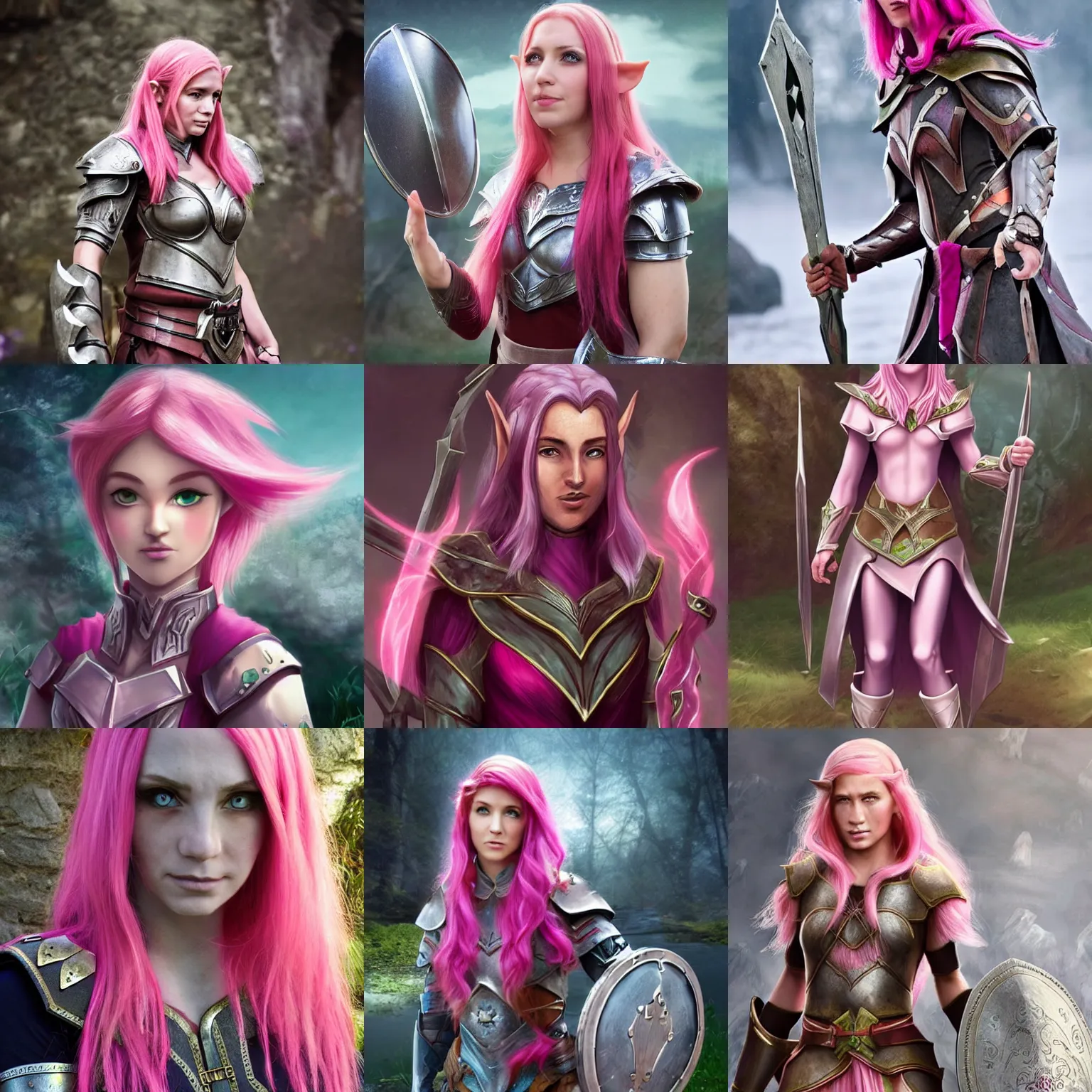 Prompt: a beautiful half elf with short pink hair using healing magic, wearing armor and a shield in one hand