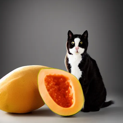 Prompt: cats posing next to cantaloupe by elke vogelsang, artstation, textured, hdr